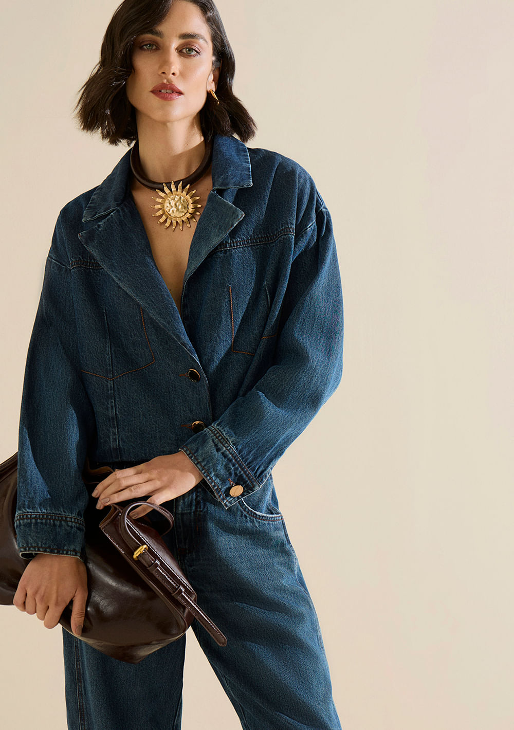 Blazer Morena Rosa Solto Manga Longa Padrão Azul